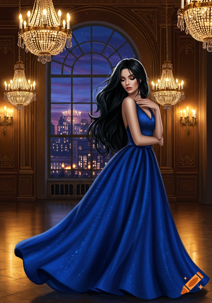 An elegant woman in a sparkling blue gown stands in a grand room with chandeliers, overlooking a city at twilight.