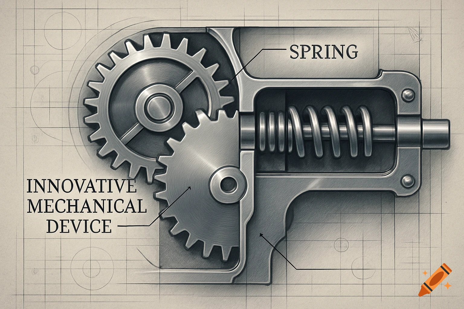 A detailed technical drawing of a mechanical device with gears and a spring, labeled 'Spring' and 'Innovative Mechanical Device'.
