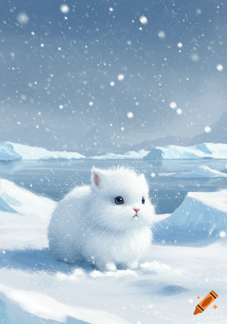 A fluffy white bunny sits in a snowy arctic landscape with icebergs and falling snow, digital painting.