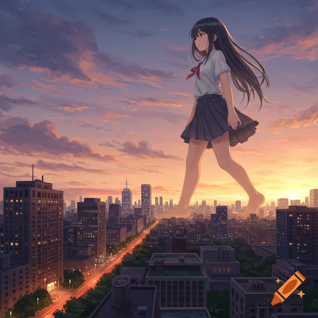 A giant anime girl in a school uniform walks barefoot over a city skyline at sunset, rendered in an anime art style.