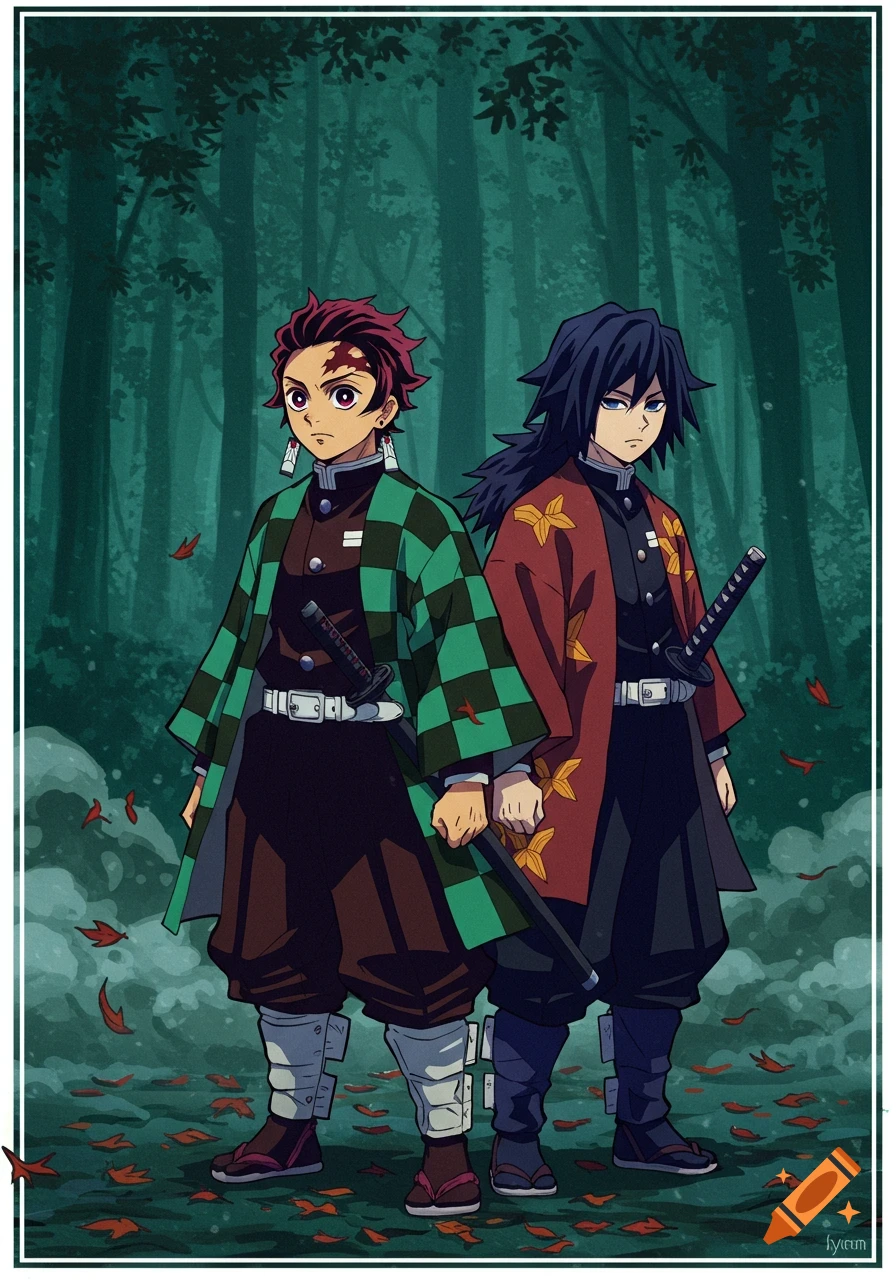 Two anime characters, Tanjiro and Giyu from Demon Slayer, stand with swords in a dark forest with red leaves.