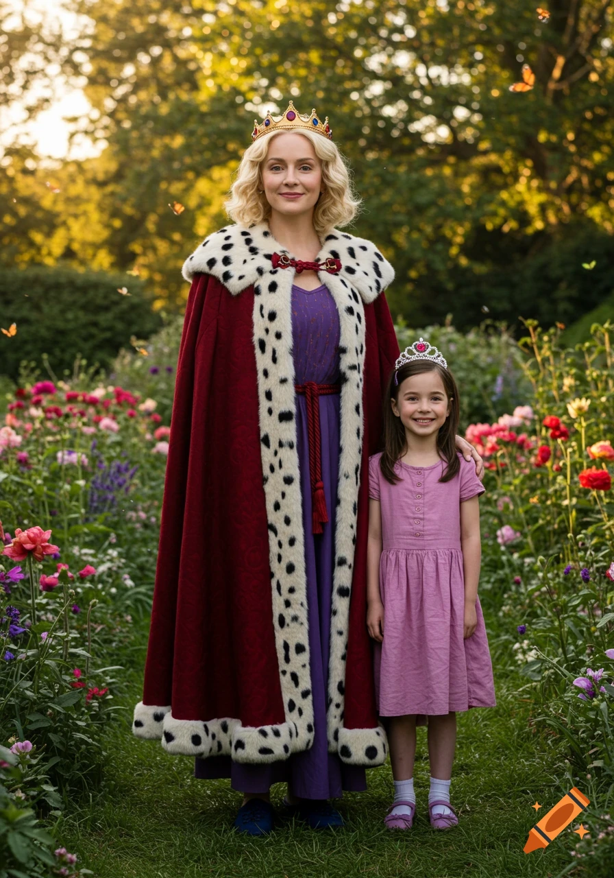 Photorealistic queen in red cloak and golden crown with a princess in a pink dress and tiara, standing in a flower garden.