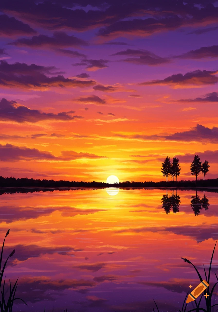 Vibrant orange and purple sunset over a tranquil lake, with silhouetted trees on the far bank and reflections in the water.