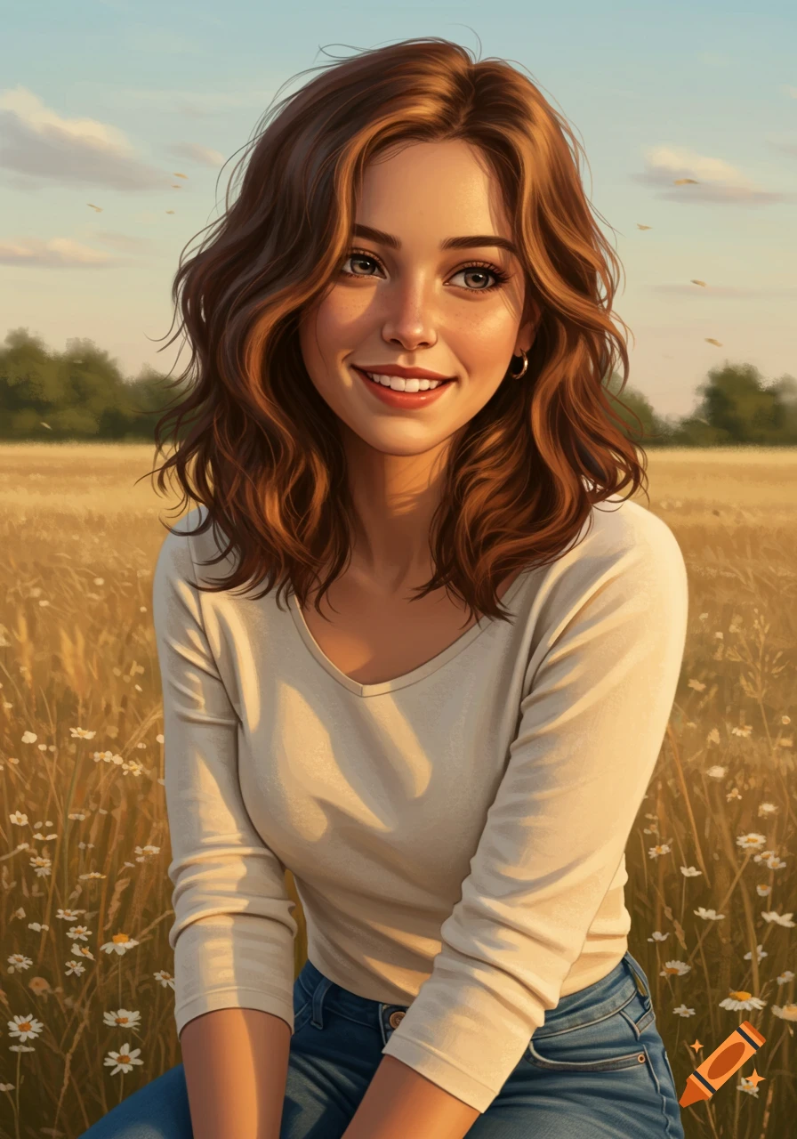 A smiling young woman with brown wavy hair and freckles in a golden field of wheat and wildflowers under a sunny sky, digital art.