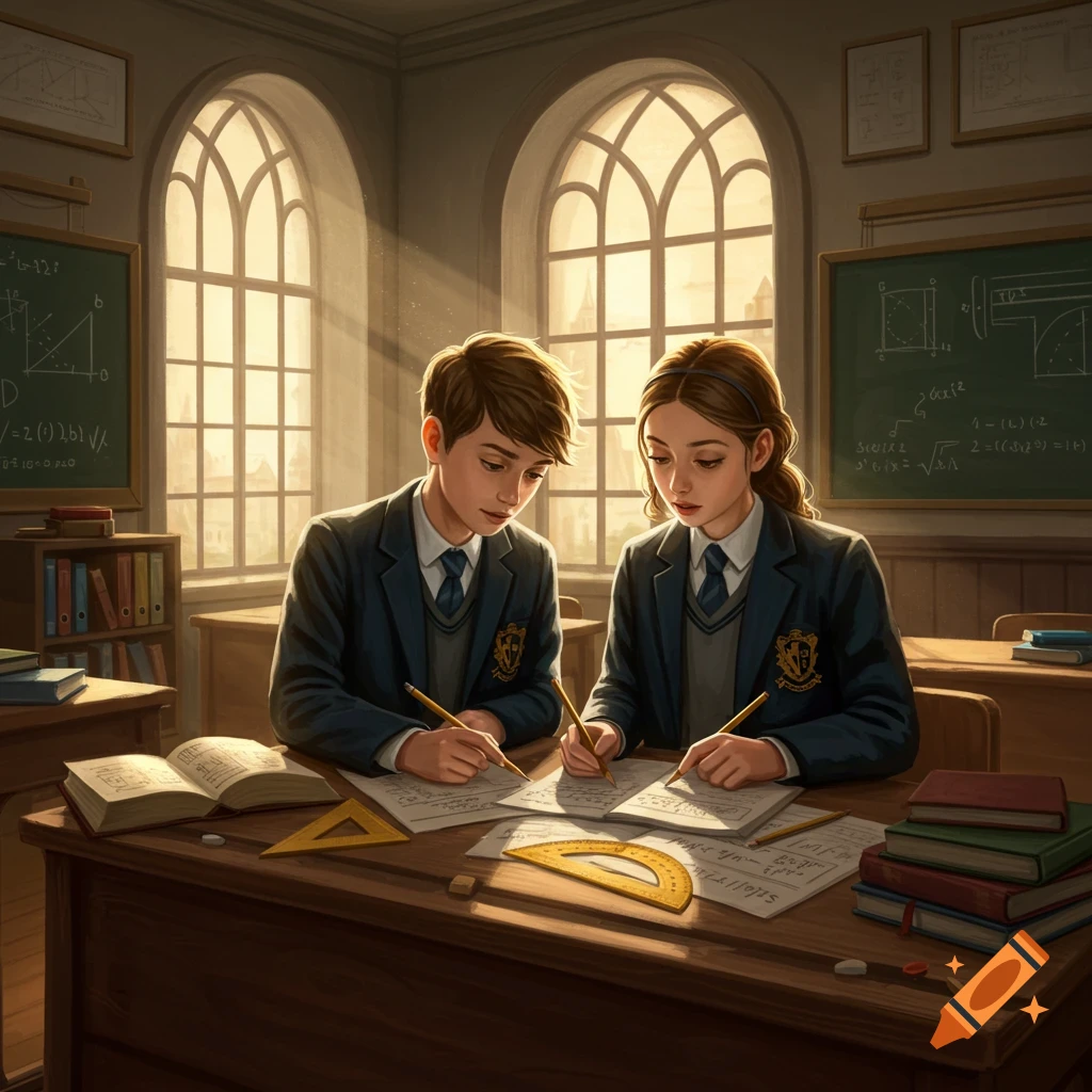 Two students in school uniforms diligently work on math problems at a wooden desk in a sunlit classroom, with blackboards in the background.