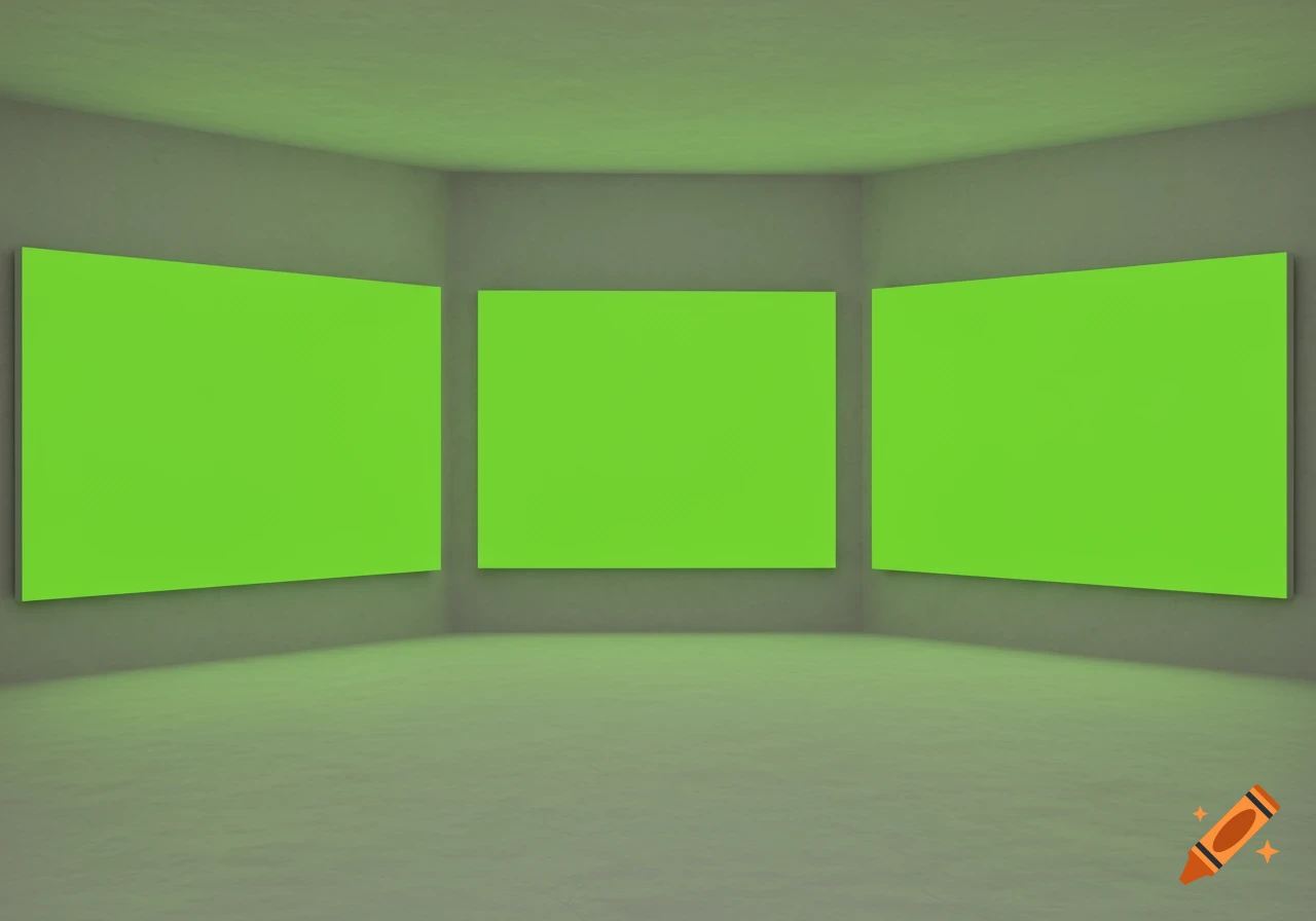Three bright green screens hang on light gray walls in a dimly lit, empty room with a concrete floor.
