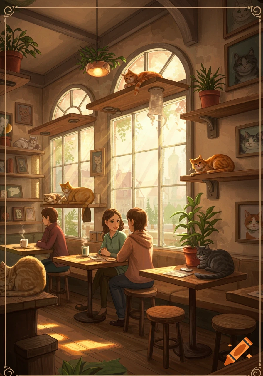 Illustrated cozy cat cafe with people, many cats on shelves and tables, and warm sunlight streaming through large windows.