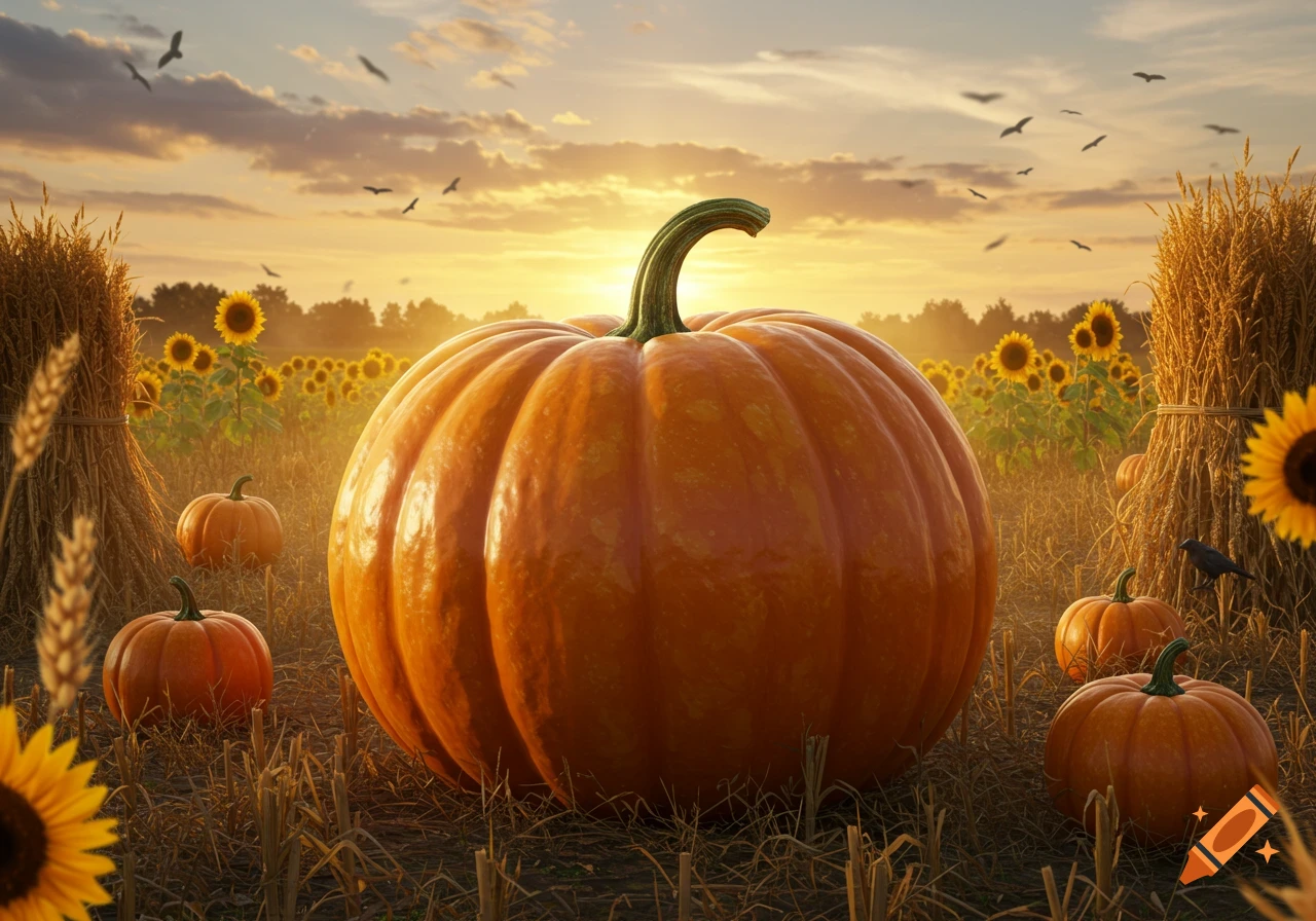 A large pumpkin sits in a field with smaller pumpkins and sunflowers at sunset, with birds flying in the golden sky.