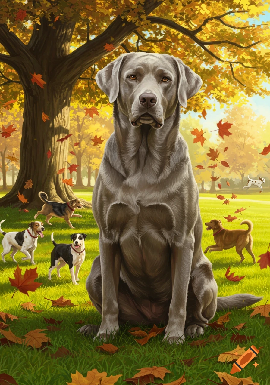 A large silver Labrador sits in an autumn park with colorful fallen leaves, as smaller dogs play in the background.