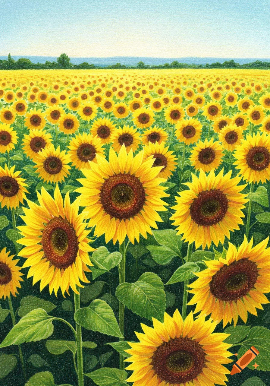 A vibrant field of bright yellow sunflowers under a clear blue sky, rendered in a colored pencil illustration style.