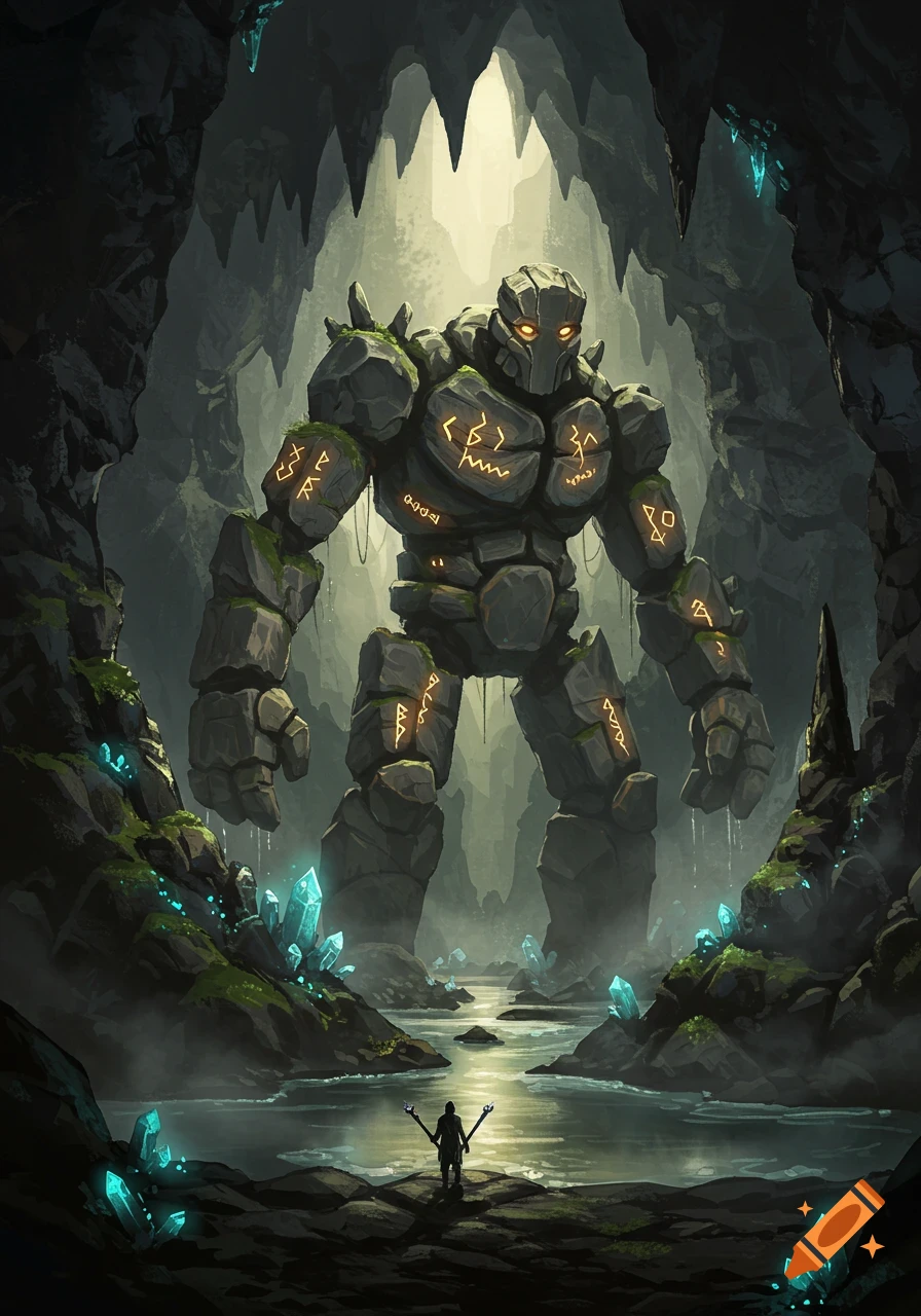 Giant stone golem with glowing runes stands in a dark cave with blue crystals, a small figure stands before it.