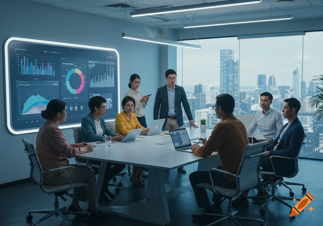 Professionals in a modern office meeting room with a large data display screen and city skyline visible through windows.
