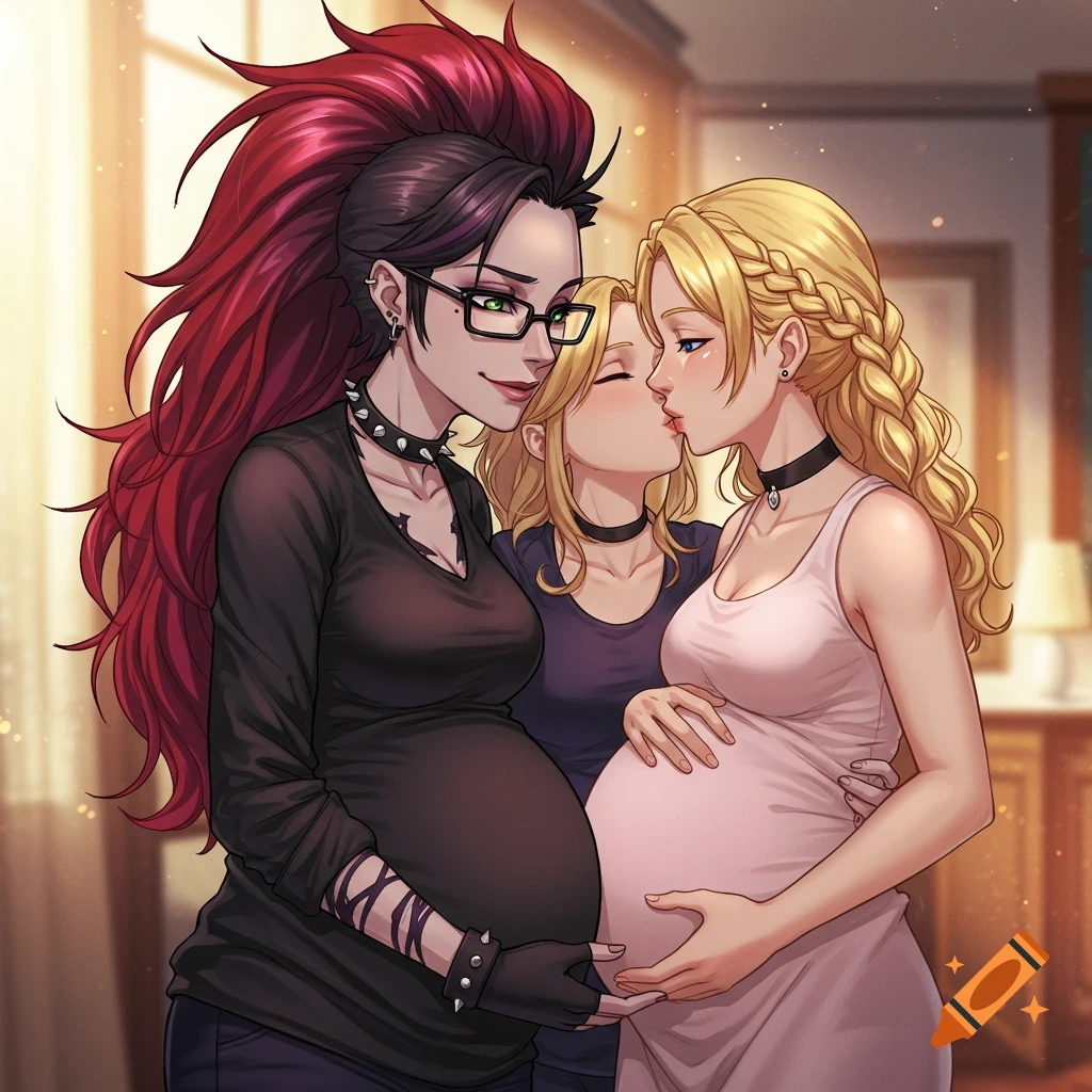 Three anime-style women, two pregnant, show affection. A woman with red hair and glasses watches her two blonde wives, one with a braid, as they kiss.