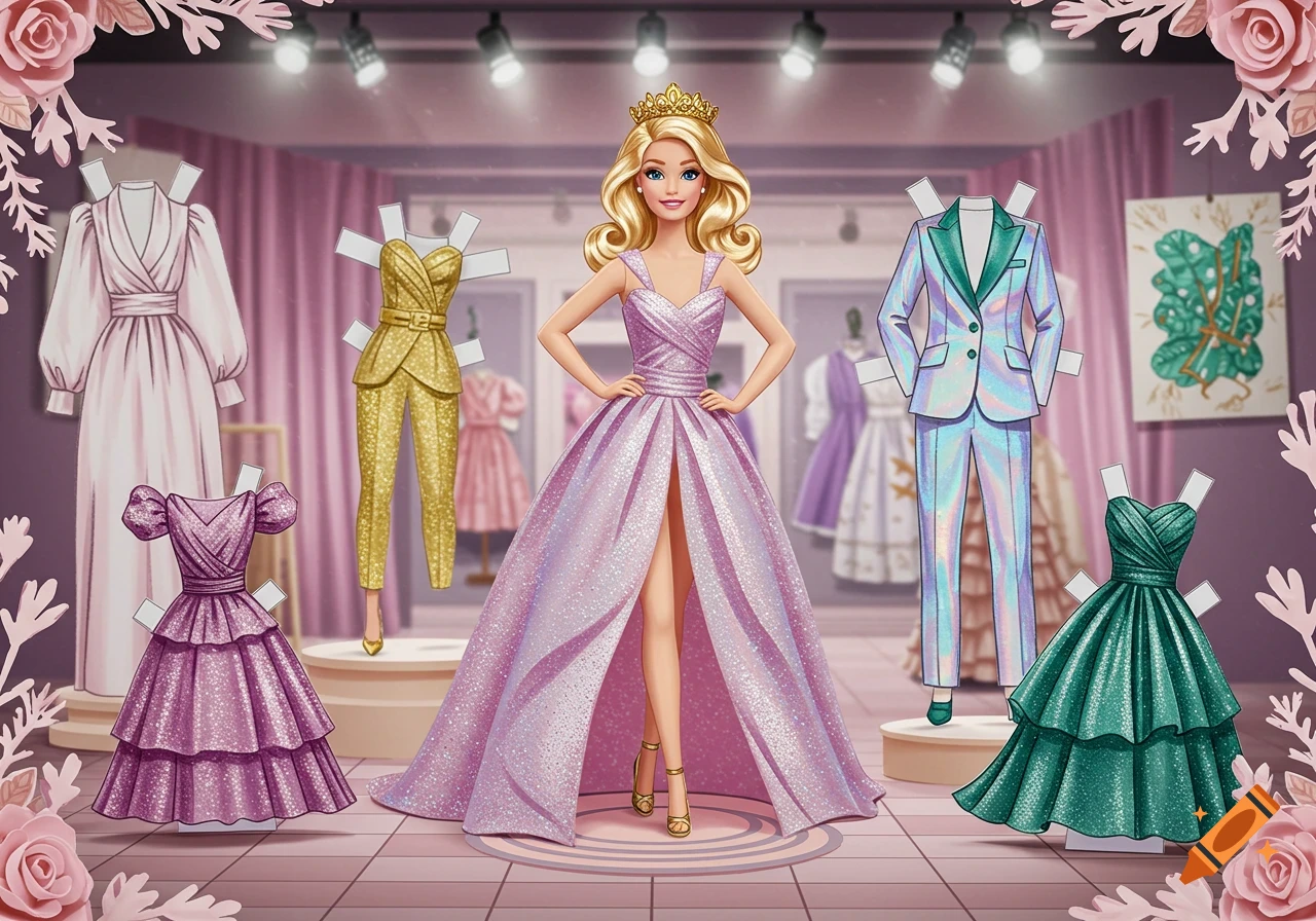 An illustrated Barbie paper doll in a sparkling pink gown, surrounded by various paper doll outfits in a glamorous boutique.