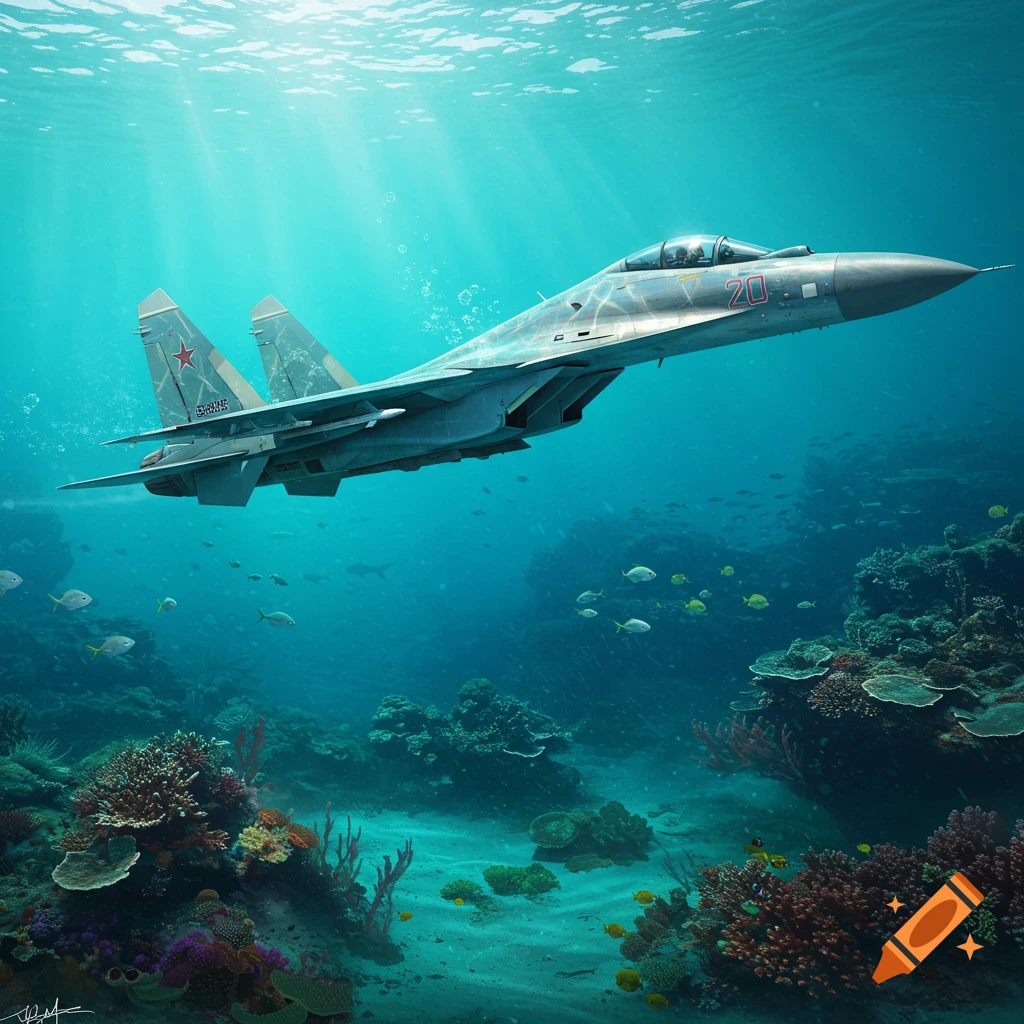 Photorealistic Su-30 military jet flying through a vibrant coral reef underwater, with fish and sunlight from above.