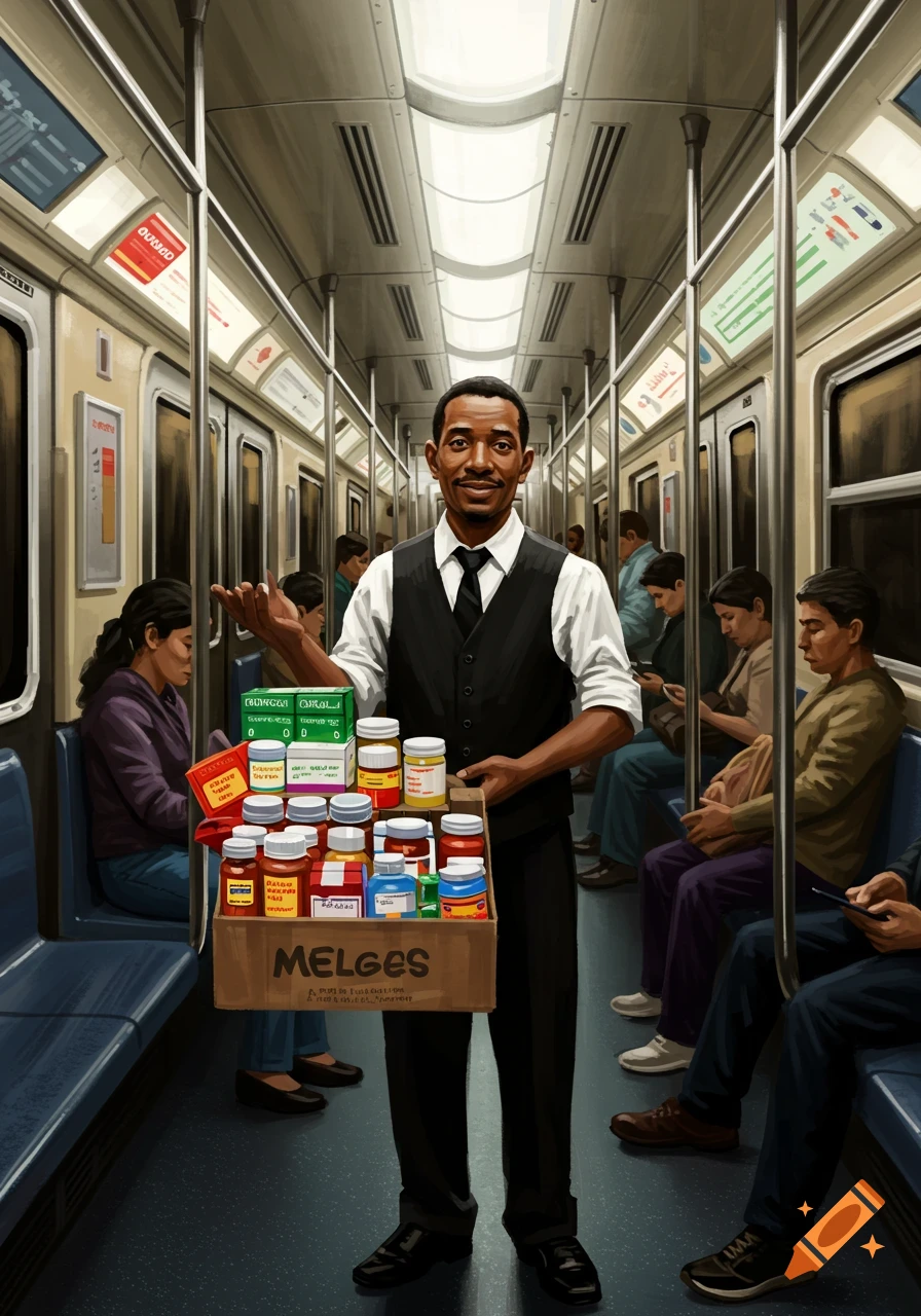 An illustration of a man in a vest and tie smiling, holding a box of medicine bottles, walking through a subway car filled with seated passengers.