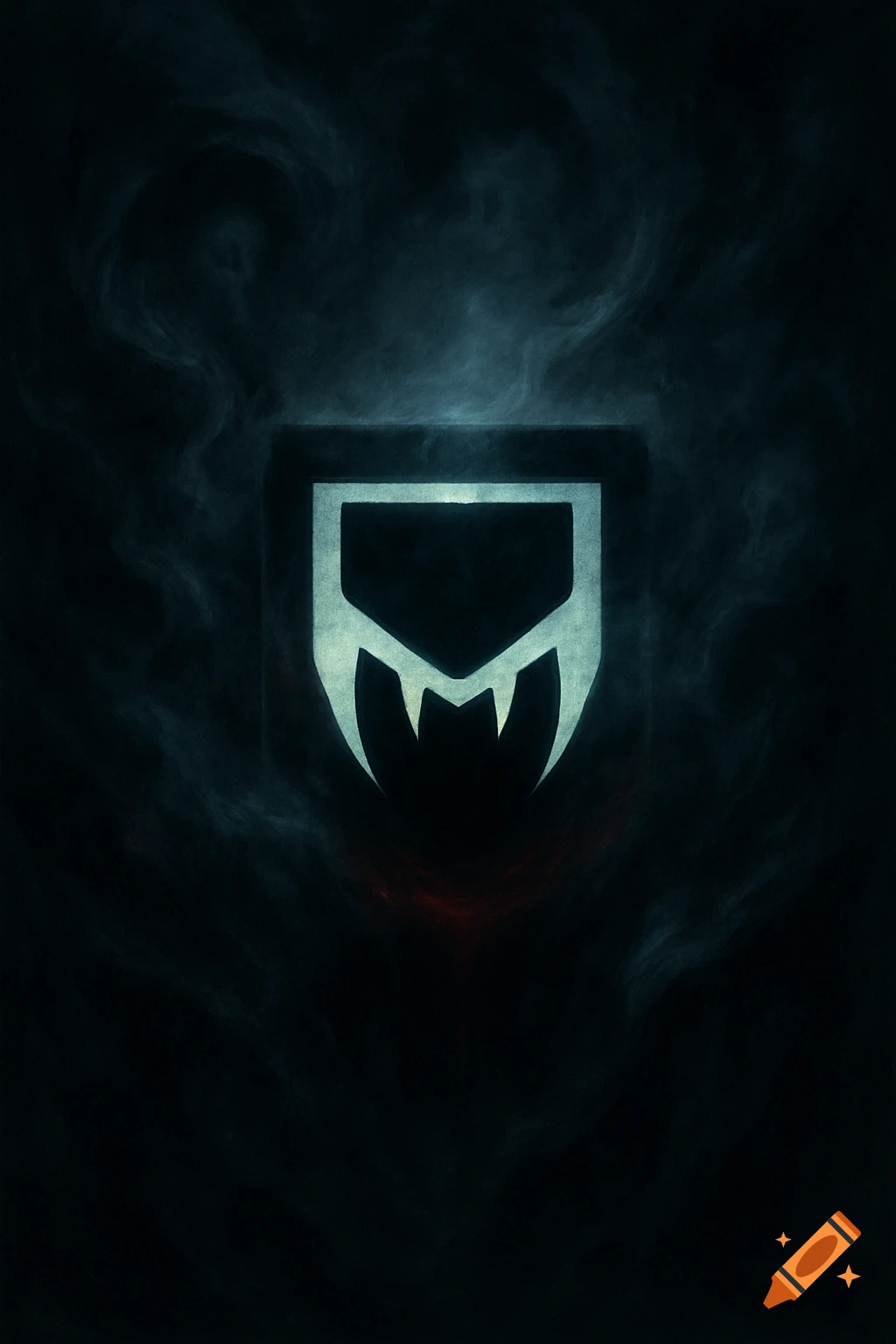 Stylized fanged shield logo in white against a dark, smoky, ominous background with a red glow.