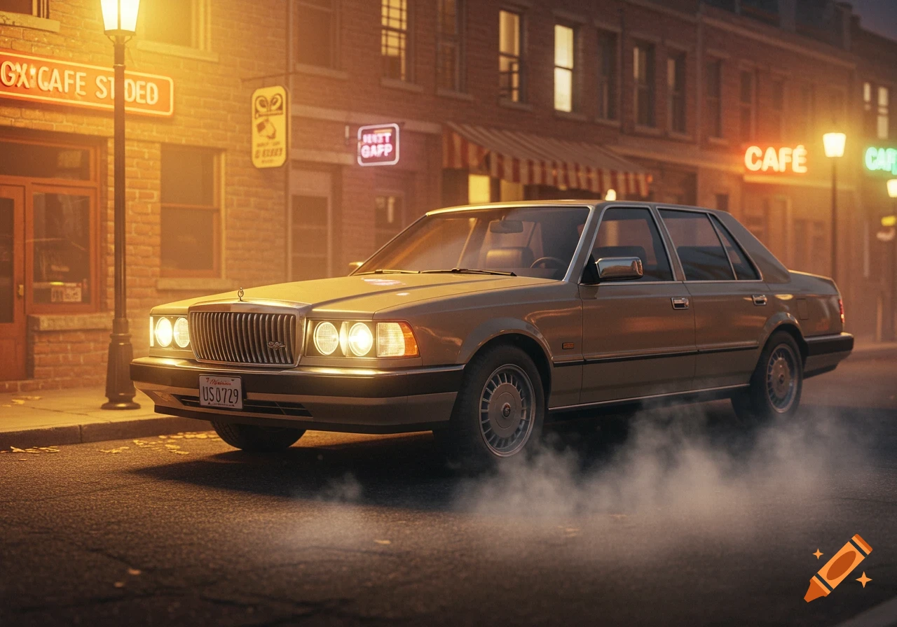 A beige 1980s-style sedan with headlights on, parked on a street at night, with smoke rising from under its tires. Neon signs glow on brick buildings in the background.