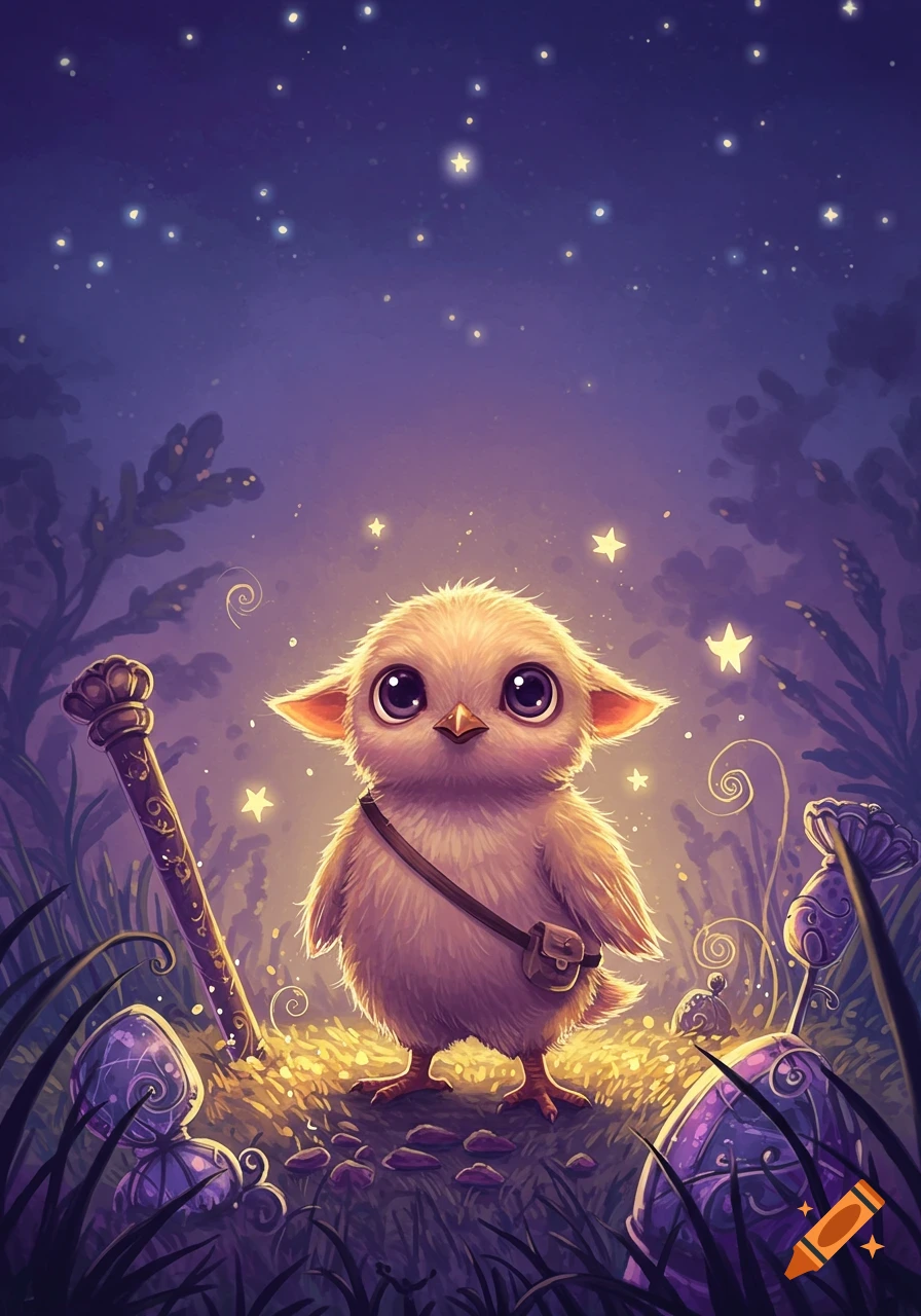 A fluffy, big-eyed creature with a satchel stands in glowing grass in a whimsical, star-filled magical forest at night.