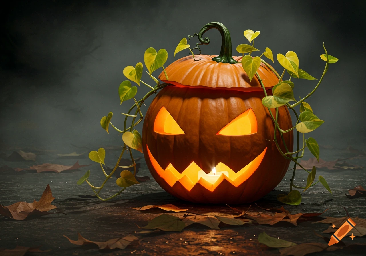 A photorealistic jack-o'-lantern with glowing face and Pothos vines, surrounded by fallen leaves on a dark, misty ground.