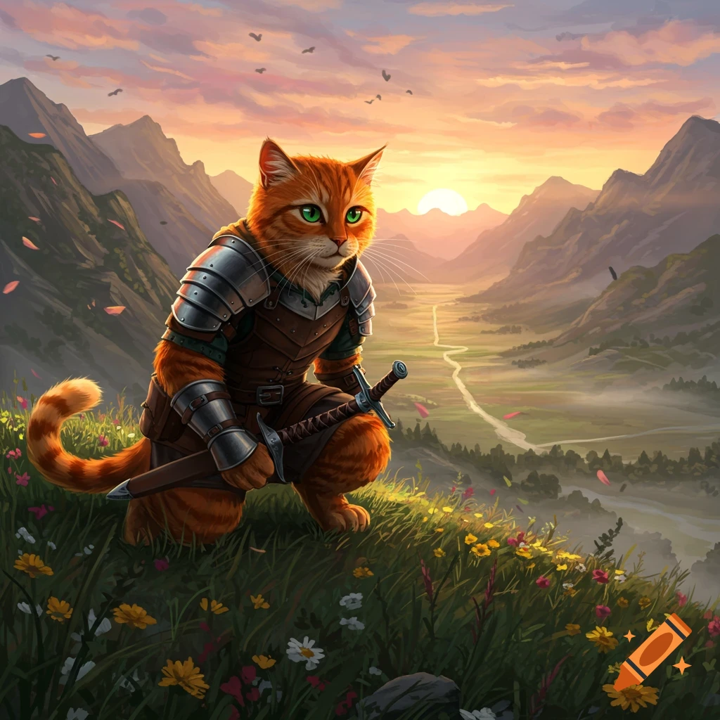 An orange cat warrior in armor with a sword crouches on a flowery hill, overlooking a vast valley at sunset. Digital painting.