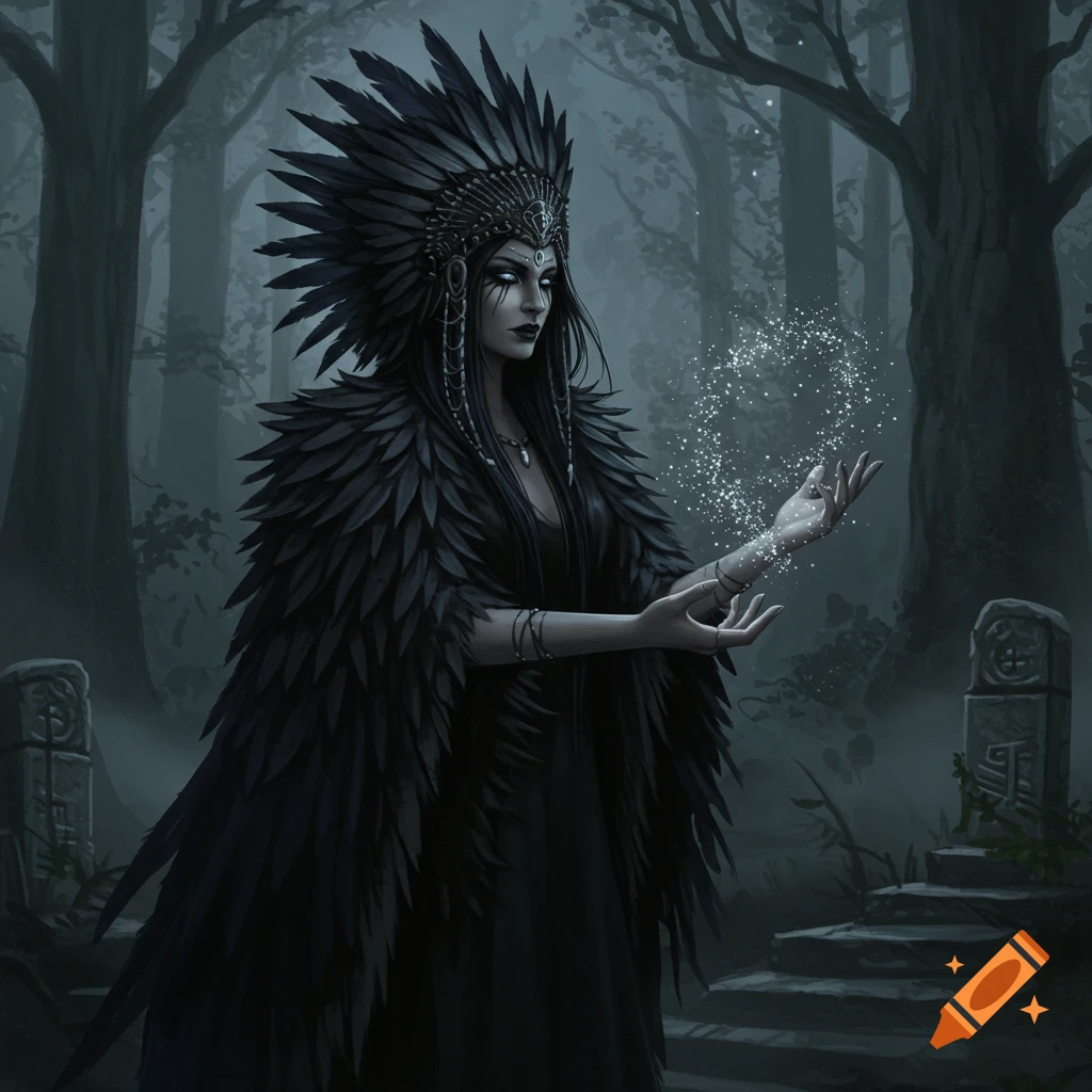 A dark fantasy illustration of a raven priestess in a misty forest, wearing a feathered headdress and cloak, holding sparkling magic.