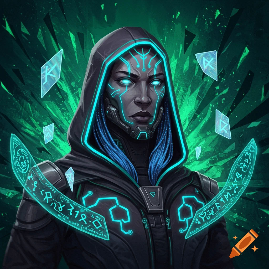 A dark-skinned hooded technomancer with glowing blue circuitry on their face, blue dreadlocks, and floating runes.