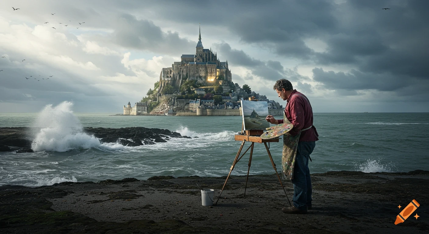 A photorealistic image of a painter on a rocky shore, painting Mont Saint-Michel from an easel, with rough seas and dramatic clouds.
