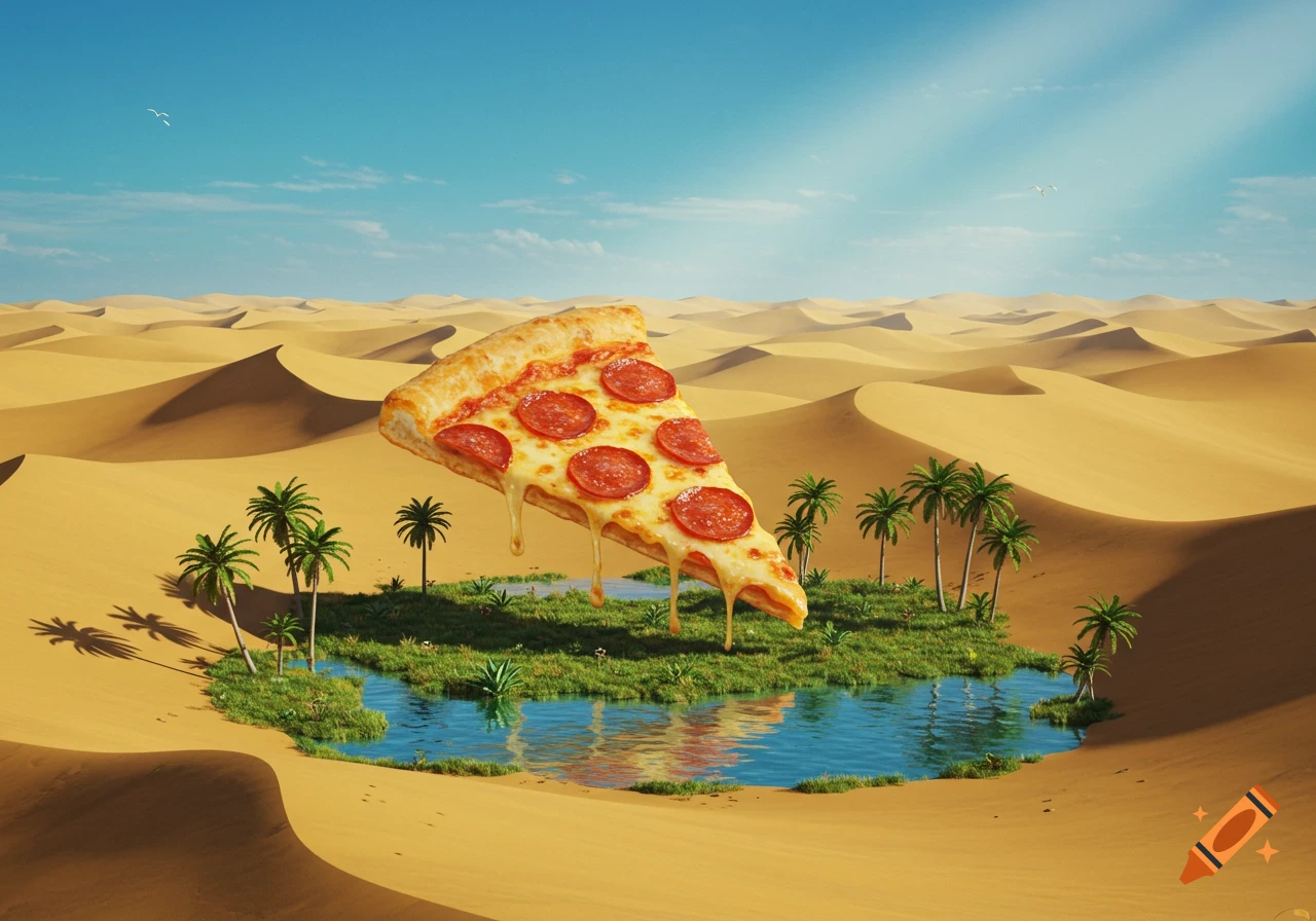 A surreal image of a large slice of pepperoni pizza floating over a lush desert oasis with palm trees and a small pond.