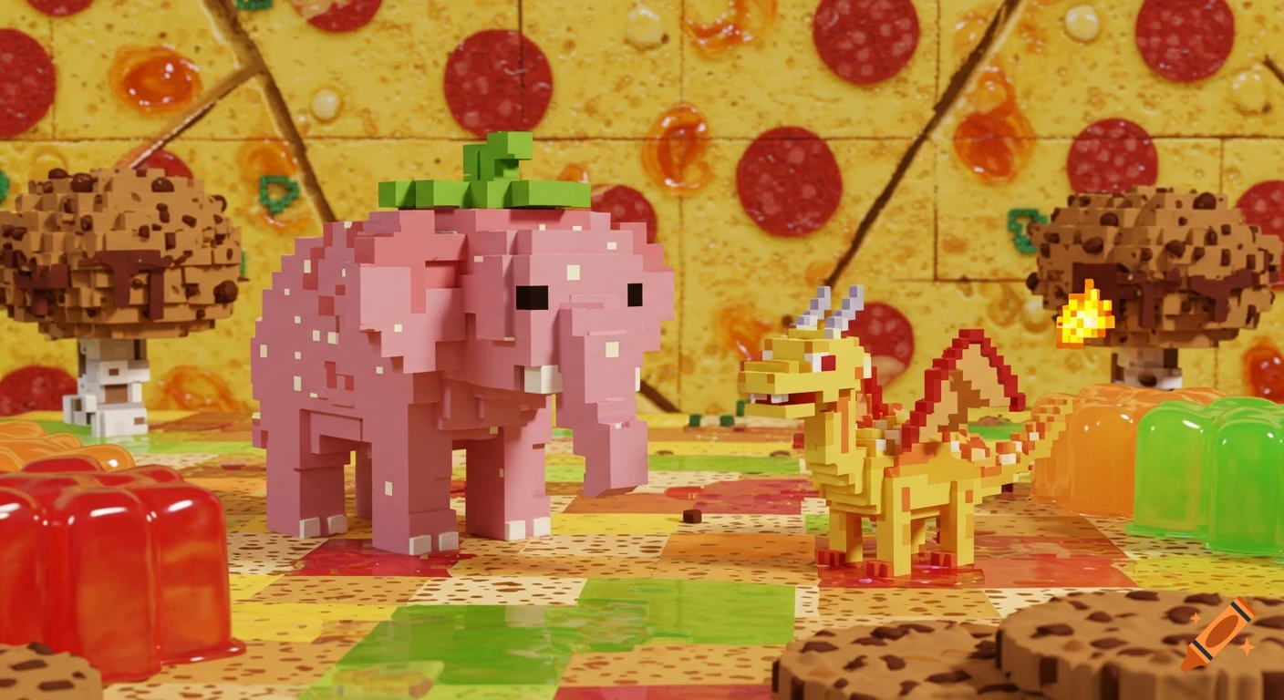 Minecraft-style pixel art of a pink elephant and yellow dragon on a jelly floor with cookie trees and a pizza wall.