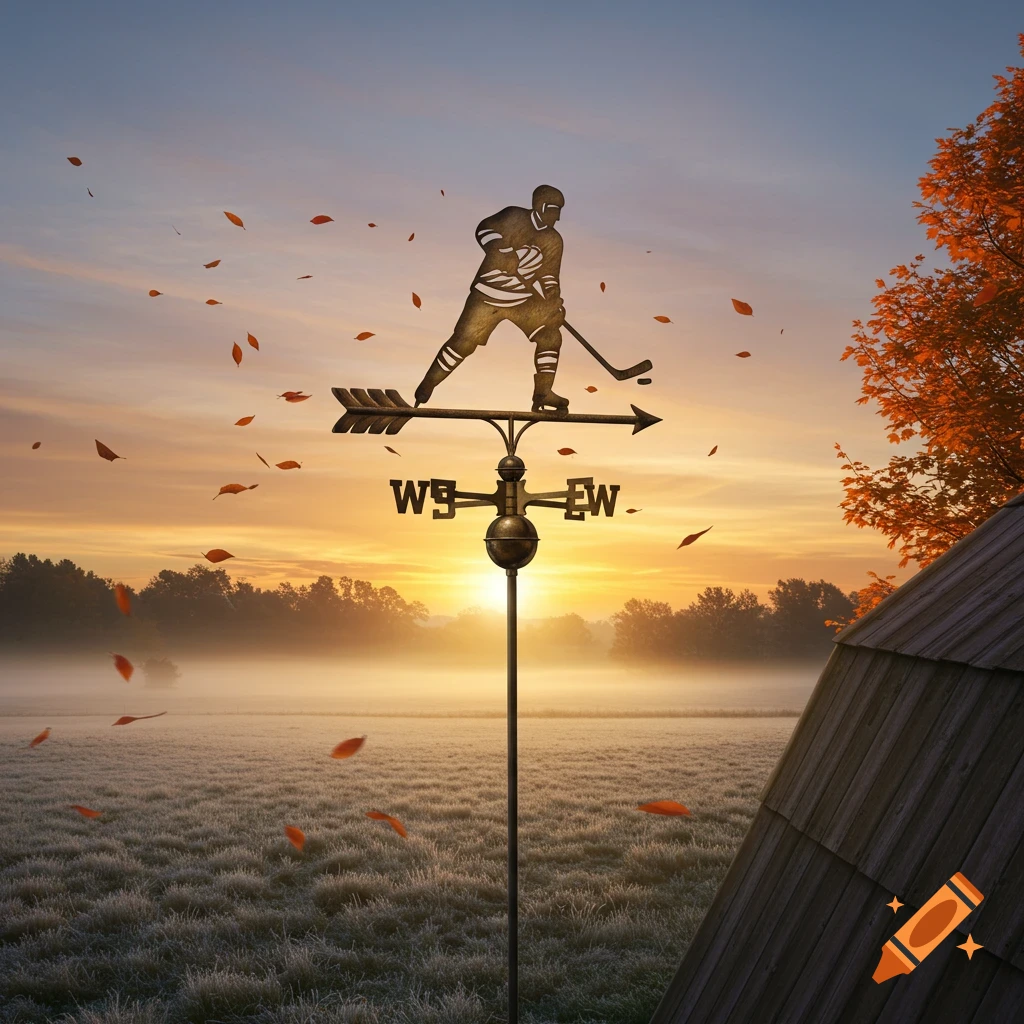 A hockey player weathervane stands in a misty field with autumn leaves falling, silhouetted against a sunrise sky.