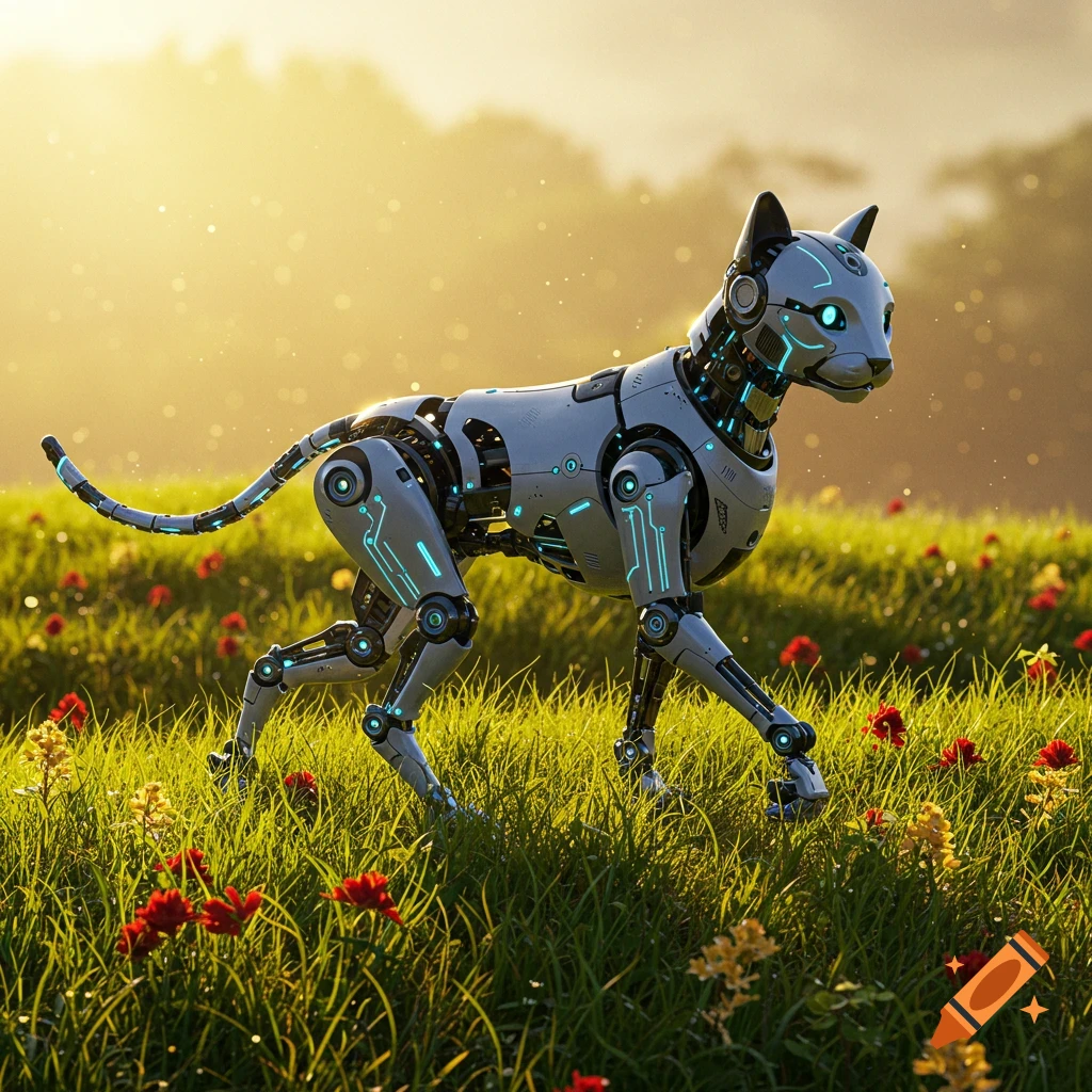 A detailed, photorealistic robot cat with glowing blue circuits walks through a sunlit green meadow with red and yellow wildflowers.