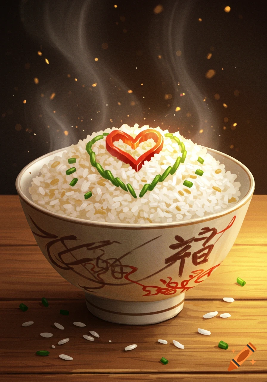 A steaming bowl of white rice, topped with a red bell pepper heart and green onions forming another heart shape, sits on a wooden table.