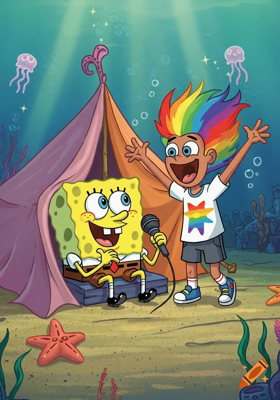 SpongeBob sits with a microphone under a tent underwater as a child with rainbow hair and a rainbow star shirt enthusiastically stands beside him.