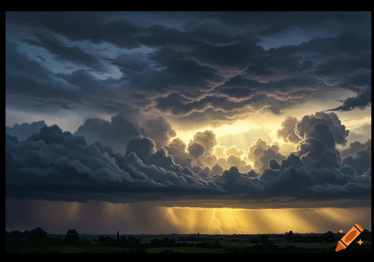 A dramatic stormy sky with dark clouds, golden sunlight breaking through, rain shafts, and lightning striking a distant landscape.