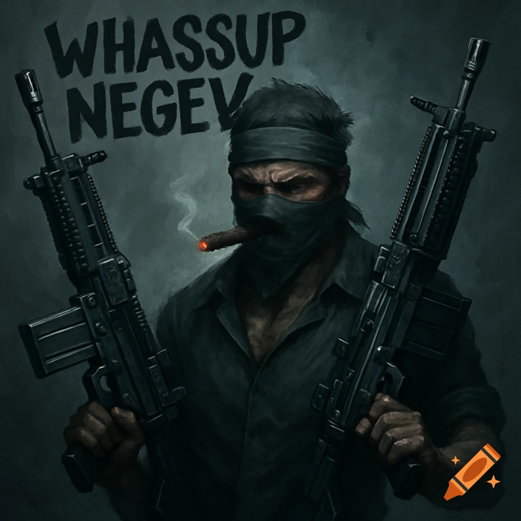 Gritty illustration of a masked man in a bandana, smoking a cigar, holding two large military rifles, with 'WHASSUP NEGEV' text.