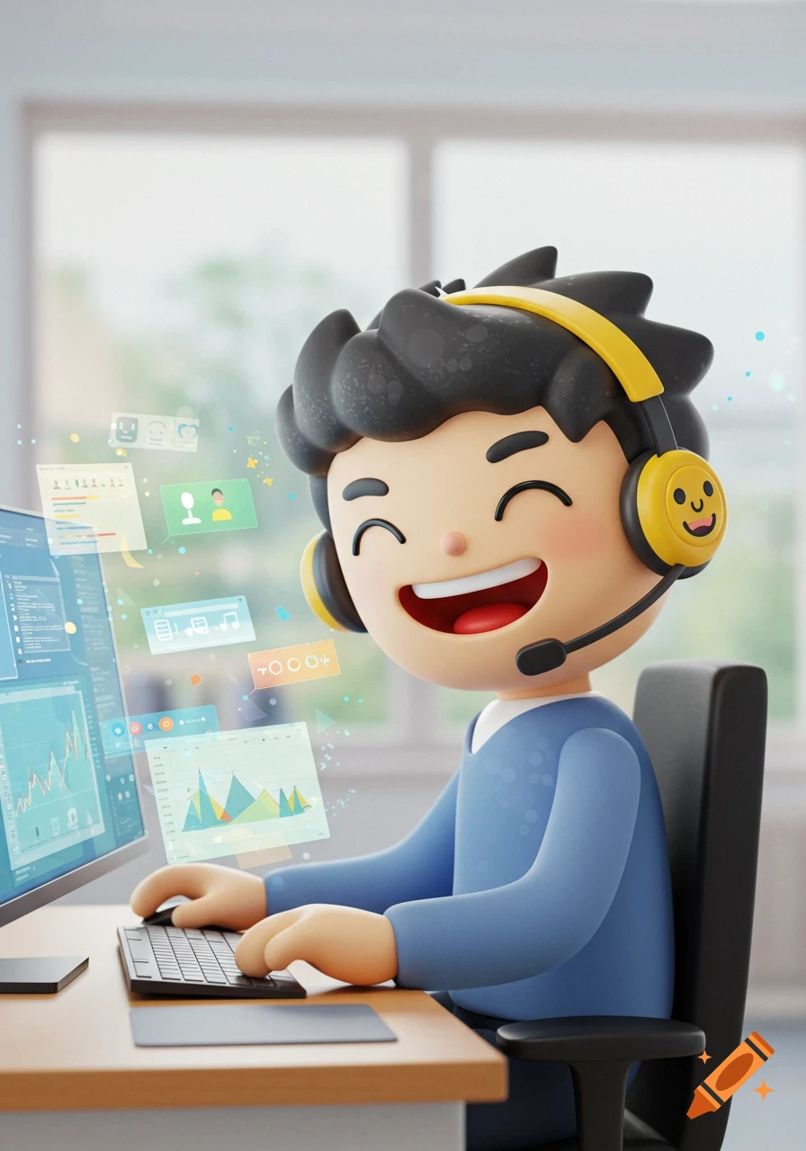 A happy 3D cartoon character with black hair and yellow headphones with a mic sits at a desk, typing on a keyboard, looking at a computer screen with data and floating UI elements.