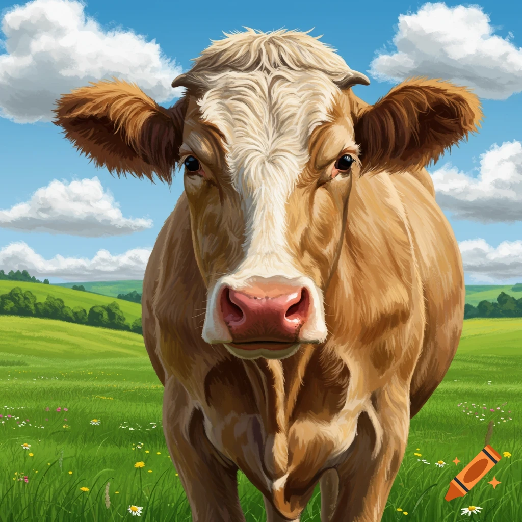 A close-up, photorealistic illustration of a brown and white cow with a pink nose, standing in a green meadow under a blue sky with white clouds.