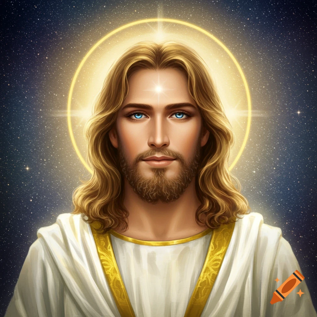 Digital art of Jesus with long golden hair, blue eyes, serene expression, white and gold robes, glowing aura, and starry sky background.