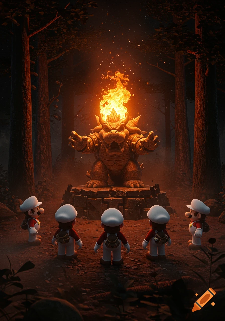 Five Marios in white hats face a burning Bowser statue on a pedestal in a dark, mystical forest at night, with firelight illuminating the scene.