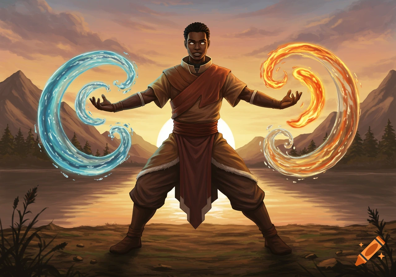 A Black male character in 'Avatar: The Last Airbender' style, bending water and fire at sunset by a lake with mountains.