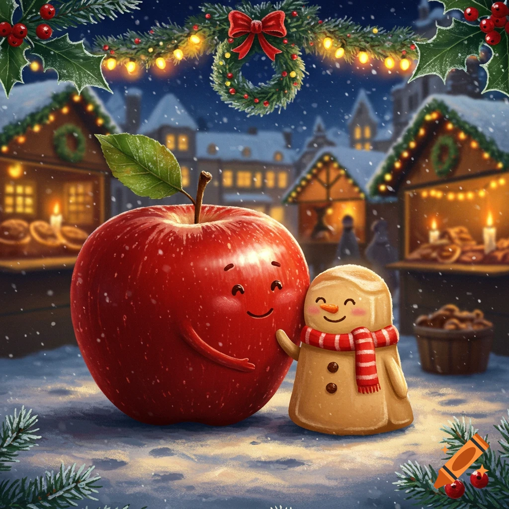 A cute red apple hugs a gingerbread man in a snowy Christmas market with festive lights.