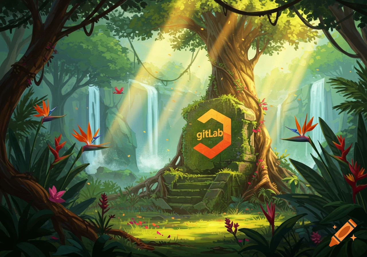 Vibrant illustration of a lush jungle with waterfalls and a mossy stone monument displaying the orange GitLab logo, surrounded by exotic plants.