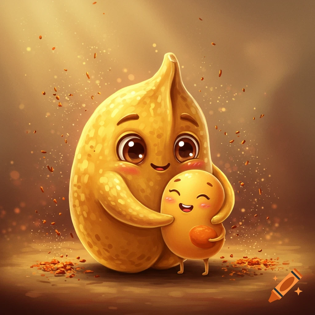 A large, cute cartoon garbanzo bean character hugs a smaller, smiling lentil character in a warm, glowing illustration.