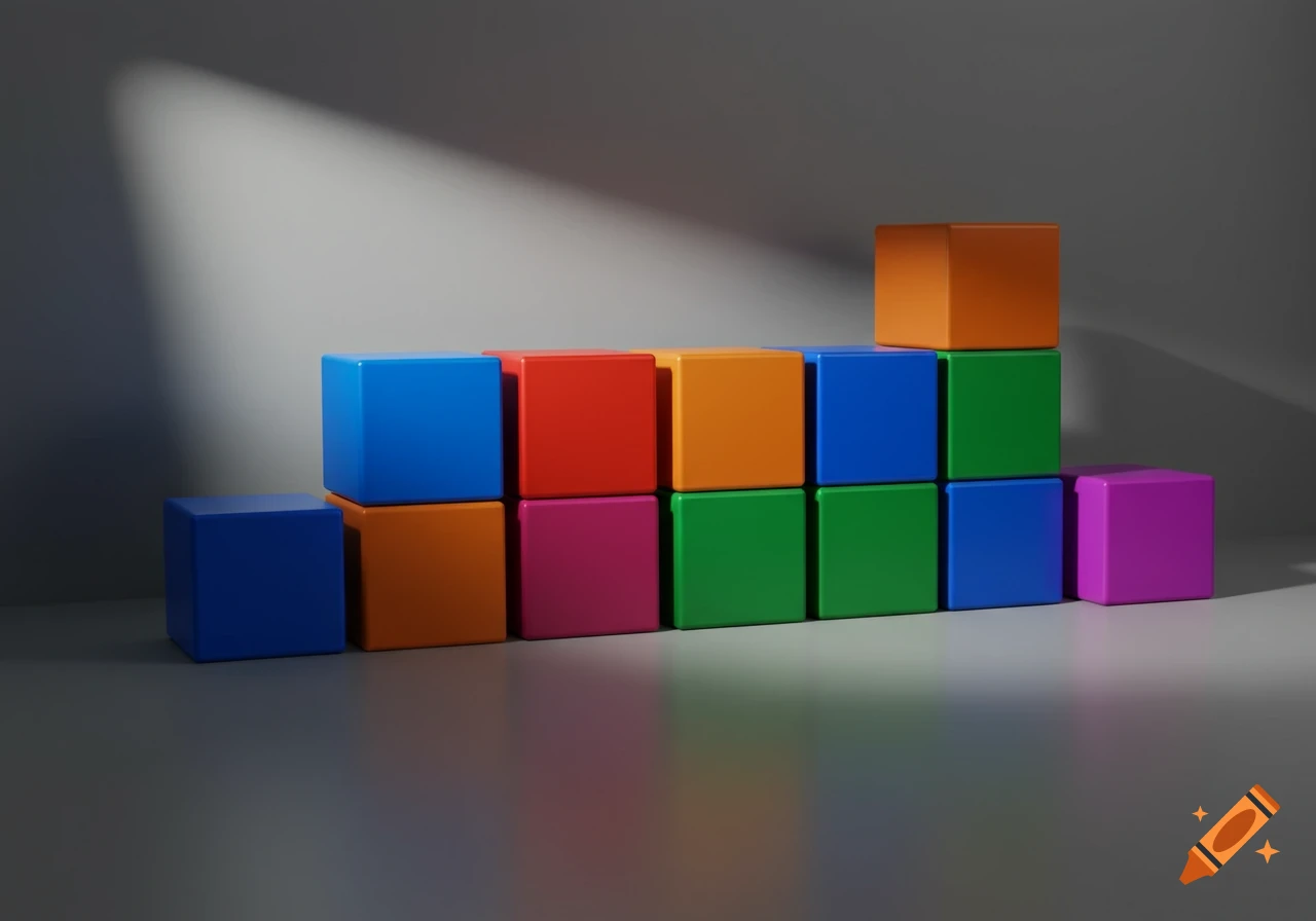 Twelve brightly colored cubes, including blue, orange, red, green, and purple, stacked against a smooth gray wall with dramatic lighting.