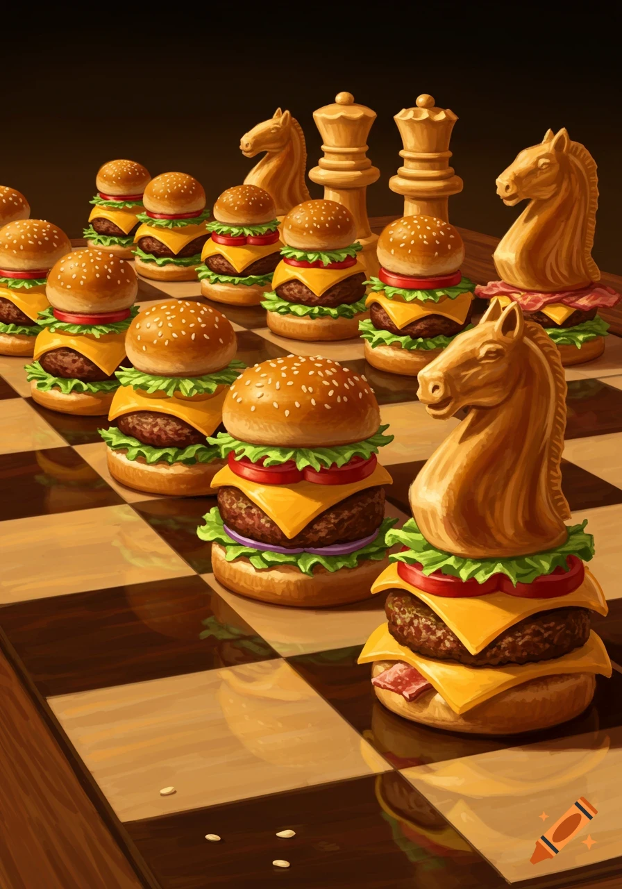 A chessboard with chess pieces reimagined as detailed hamburgers and carved wooden chess figures.