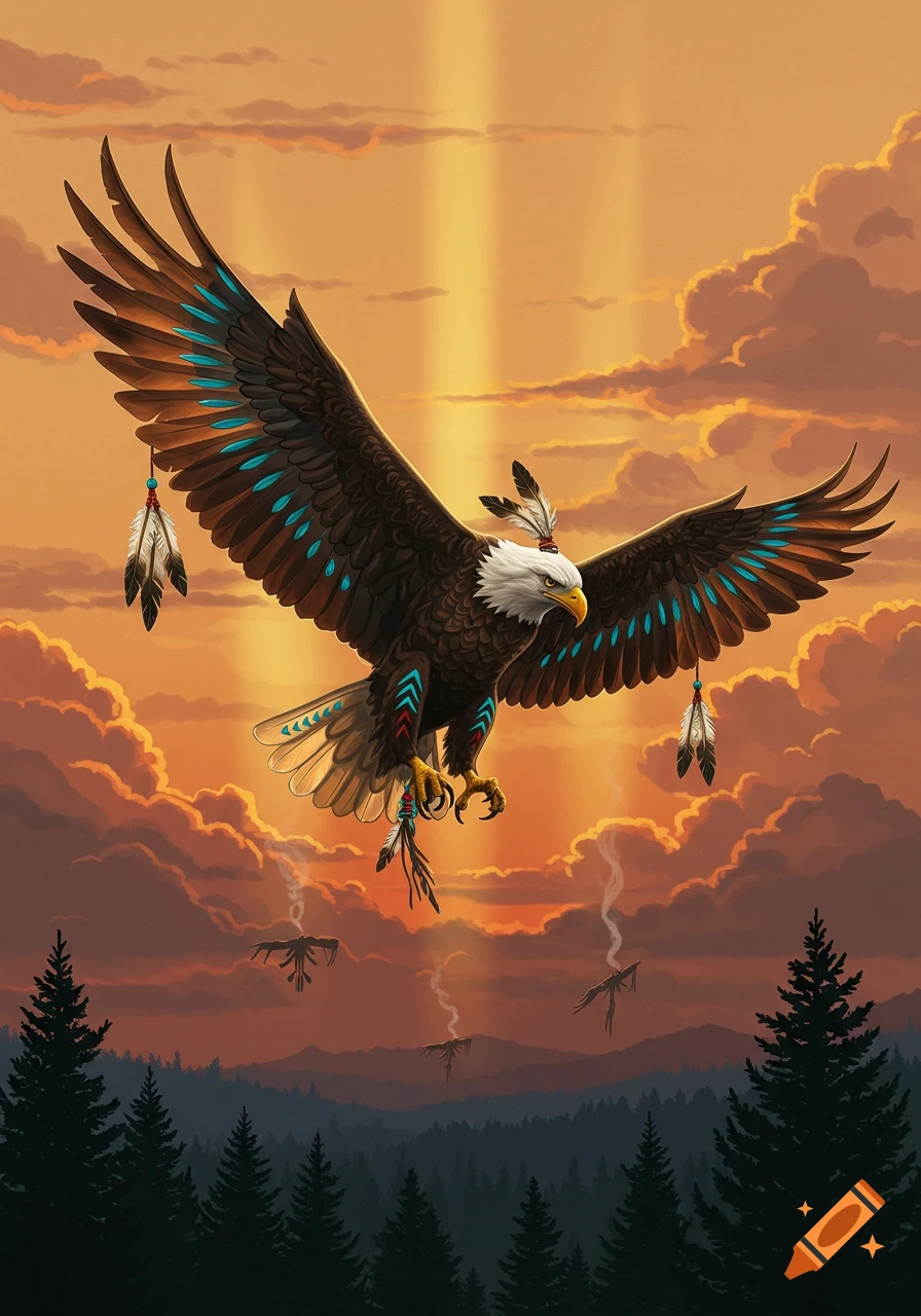 Stylized illustration of an eagle with Native American feather adornments flying over a forest at sunset.
