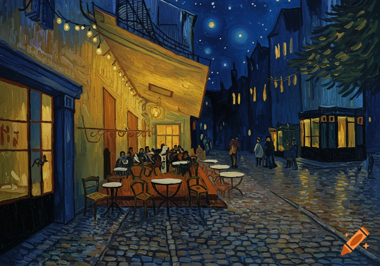 A vibrant Van Gogh-style painting of a bustling cafe terrace at night under a starry sky, with people dining and walking.