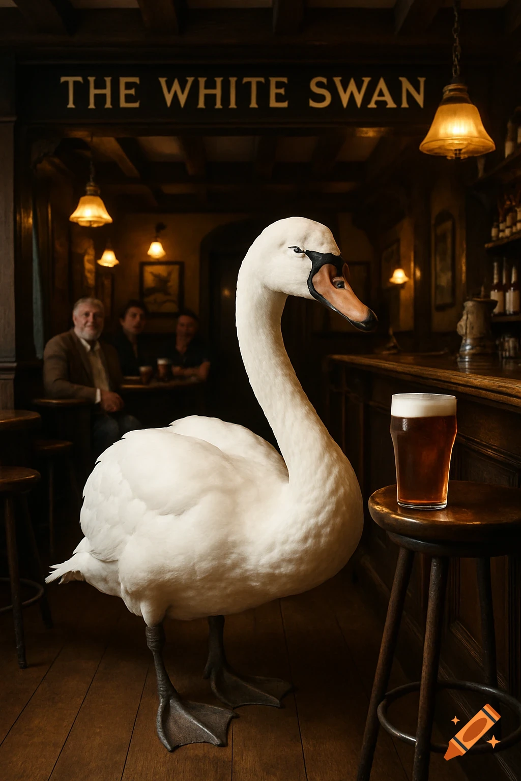 A photorealistic image of a white swan standing in an English pub next to a pint of beer on a stool, with people in the background.