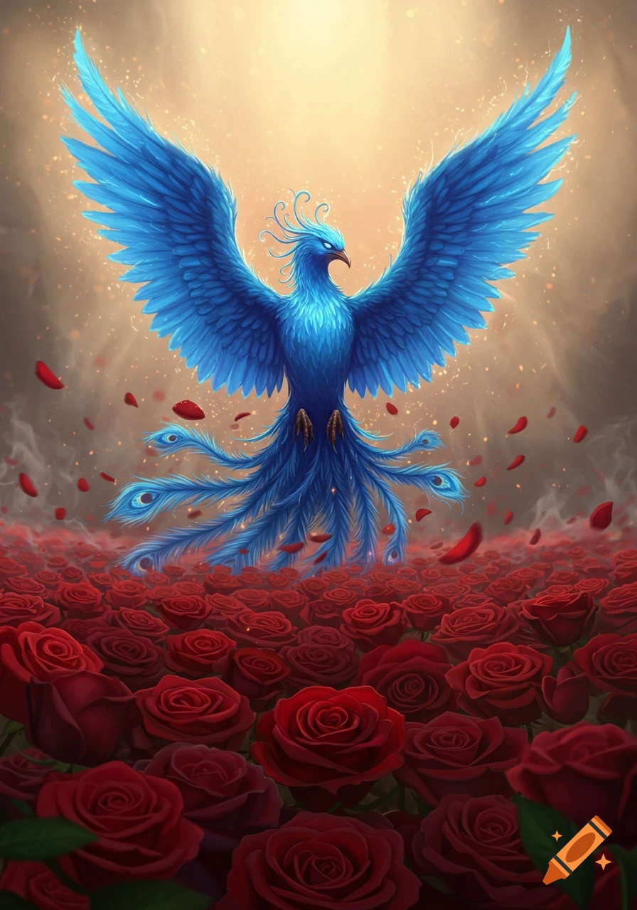 A vibrant blue phoenix with outstretched wings rises from a dense bed of red roses, illuminated by a warm glow.